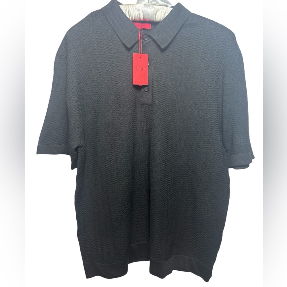NWT Zanetti Black Textured Chevron Knit Polo Shirt Short Sleeve Size Medium